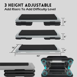 Fitvids Step Aerobic Stepper with 4 Stackable Risers, 43'' Aerobic Platform Adjustable Height 4"-6''-8'', Fitness Training Workout Stepper for Home Gym, Cardio Strength, Black and Gray