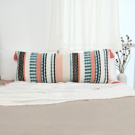 Labilin Long Lumbar Cushion Cover 36 x 92 cm, Boho Long Decorative Cushion Covers with Tassels, Blue Pink and Beige Geometric Chenille Cushion Covers for Sofa, Bedroom, Living Room