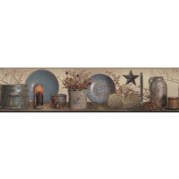 York Wallcoverings Country Keepsakes Simple Blessings Border Removable Wallpaper, Taupe, Blue, Grey, Black, Red, Gold, Orange
