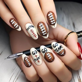 Cute Rugby Press on Nails Short Oval Fake Nails Glossy Football Designs Acrylic False Nails Full Cover Holiday Stick on Nails French Short Glue on Nails for Women Girls 24Pcs