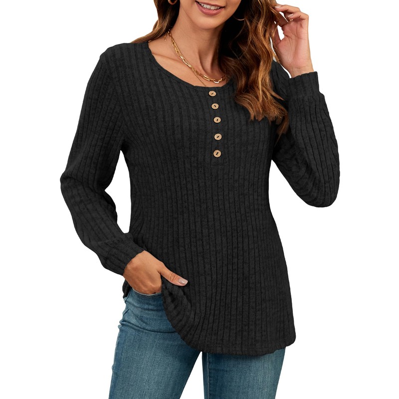 AUSELILY Lightweight Sweaters for Women Lantern Sleeve Henley Tshirt Fall