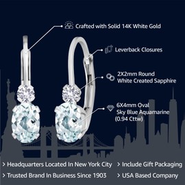 Gem Stone King 14K White Gold Sky Blue Aquamarine and White Created Sapphire Leverback Earrings For Women | 0.94 Cttw | Gemstone March Birthstone | Oval 6X4MM | Round 2MM | 3/4 Inch