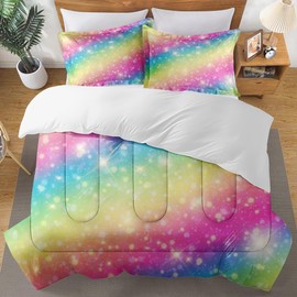 Culudea Galaxy Unicorn Rainbow Comforter Set Queen Size, Neon Pink Mermaid Soft Bedding Set with 2 Pillowcases for Girls Teens Kids Boys Adults Bedroom Bed Decor,1 Quilt 2 Pillow Cases