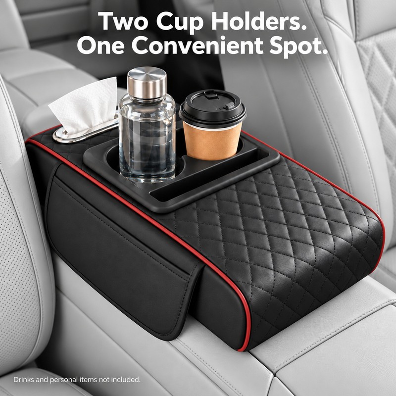 Auto Center Console Armrest Cushion With 2 Cup Holder PU