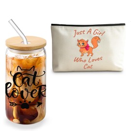 Cat Themed Makeup Bags and Glass Cup Set for Women & Girls,Cat Lover Gifts for Women,Funny Cat Mom Gift for Birthday