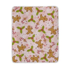 Gingerbread Man Candy Cane Throw Blanket for Kids Adults Christmas Snowflakes Pink Fleece Blanket Super Soft Lightweight Velvet Fuzzy Warm Home Decor for Sofa Bed Living Rooms Couch Chair 60"X50"