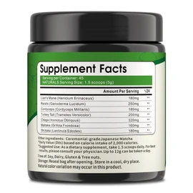 Mushroom Matcha Powder, Japanese Ceremonial Matcha Infused With 7 Superfood Mushrooms, MCT Oil, Coconut Milk Powder, Natural, Gluten Free, Taste Great Matcha Latter 8 Oz(45 Servings)
