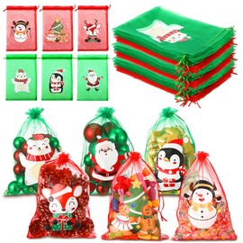 Wesnoy 24 Pcs Christmas Organza Bags 8x12 Inches Large Santa Snowman Gingerbread Man Drawstring Gift Bags Christmas Snack Treat Goodie Jewelry Candy Pouch for Xmas Holiday Wedding Party Favor
