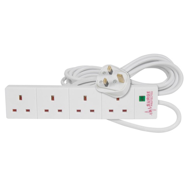 4 Gang Surge Protected UK Mains Power Extension Strip 2m
