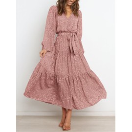 PRETTYGARDEN Women's 2025 Long Sleeve Ruffle Wrap V Neck Floral Maxi Dress Tie Waist Boho Chiffon Casual Flowy Long Dress(Pink,Medium)