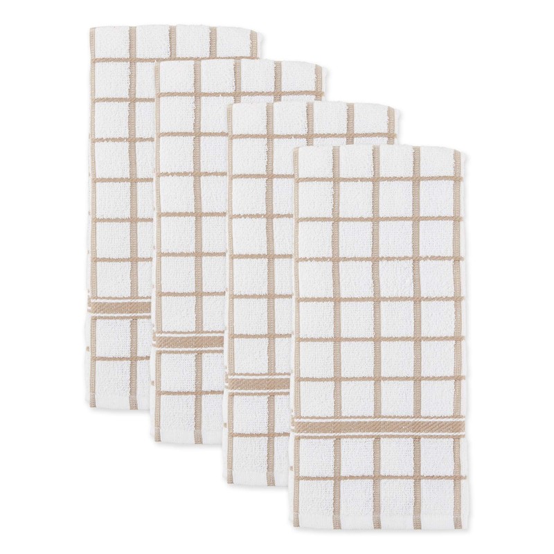 DII Basic Terry Collection Windowpane Dishtowel Set, 16x26, Stone, 4