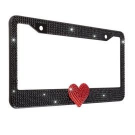 Fashion Romantic Black Frame Red Heart Crystal License Plate Frames,Exclusive Bling License Plate Holder,Weather Proof Rhinestone License Plate Cover for Women(1 Frame)