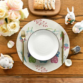 Artoid Mode Green Blue Pink Rabbit Bunny Happy Easter Round Placemats Set of 4, 15 Inch Spring Table Mats for Party Kitchen Dining Decoration