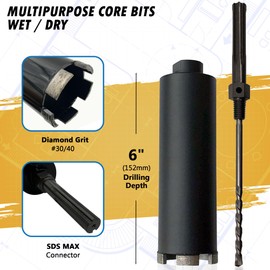 3" Dry/Wet Multipurpose Core Bit for Masonry, Concrete and Natural Stone, 6" Drilling Depth, SDS Max Pilot Bit with 5/8"-11 Arbor