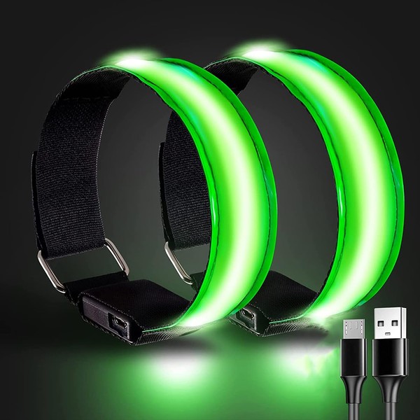 2 x USB rechargeable LED armband, LED reflective armband for walking at night, 360° reflective led bracelet, armband for running, reflector waterproof elastic (green)