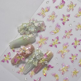1 Sheet Flower Nail Art Stickers Decals Jelly Craft Flower Nail Decals 5D Embossed Floral Nail Stickers Shiny Glitter Gradient Flowers Nails Supplies for Women DIY Manicure Nail Art Decor