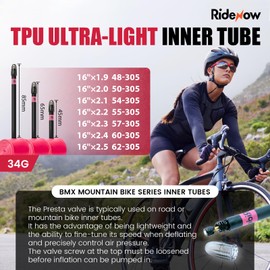 RideNow BMX Inner Tube 16",18",20" Wheel Sizes, Fits Tire Widths 1.9-2.5, 2-Pack Ultra-Light Puncture Resistant TPU Bike Tube with 45mm Presta Valves (Include Bike Inner Tire Patch Repair Kits)