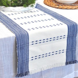 Striped Table Runner with Fringe Cotton Woven Dash Rustic Farmhouse Cloth Dining Table Runner for Kitchen Buffet Table Boho Dresser Scarf Washable Chambray Textured Blue/Off White 14"x72"