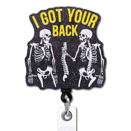 YAZMEEN Nurse Retractable Badge Reel with Alligator Clip I Got Your Back ID Badge Holder for Chiropractor Funny Skeleton Black Glitter Badge Reel Gift for Spine Orthopedic Nurse Doctor Medical Work
