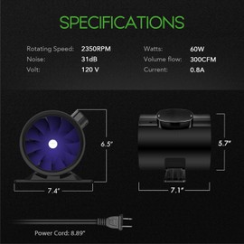 iPower Silent Inline Duct Ventilation Booster Fan 6 Inch 300 CFM Quiet Vent Exhaust Blower for Hydroponics Grow Tent Greenhouse Kitchen Bathroom, 2 Pack, Black