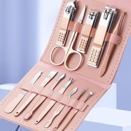 12 in 1 Manicure Set Nail Clippers Stainless Steel for Women - Pedicure Care Tools Grooming kit with PU Travel Case - Pink