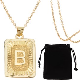 Beebeecraft 1 Box of 1 Necklace with Initial Letter "B" for Men and Women, Letter Pendant Made of 18K Gold-Plated Brass with 1 Piece Cable Chain and Rectangular Velvet Bags