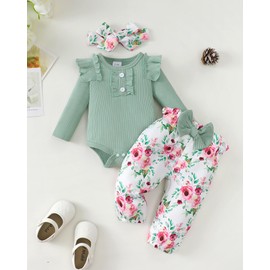 SUNNY PIGGY Baby Girl Clothes Infant Newborn Outfits Ruffle Long Sleeve Romper Tops Floral Green Pants Set Baby Girl Clothes With Headband 0-3 Months