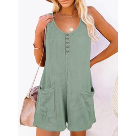 AlvaQ Rompers for Women 2025 Summer Sleeveless Round Neck Button Front Overalls Casual Shorts Jumpsuit Vacation Beach Outfits Rompers with Pockets,Green,Small
