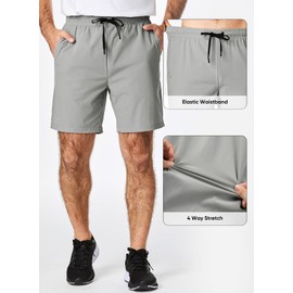 JMIERR Men's Athletic Shorts Running 4 Way Stretch Basketball 7 Inch Drawstring Shorts with Zipper Pockets, Light Grey, Medium
