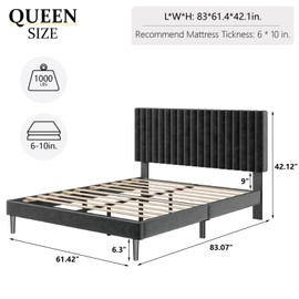 HAOARA Queen Size Platform Bed Frame with Velvet Upholstered Headboard, Queen Bed Frame with Strong Wood Slats, Box Spring Optional, Mattress Foundation, Easy Assembly Black