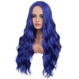 BERON Blue Wig Long Curly Wig Long Dark Blue Wavy Wigs for Women Synthetic Wigs for Daily Party