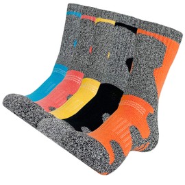 KONY Womens Cotton Full Cushioned Hiking Socks, 5 Pack Moisture Wicking Outdoor Trekking Crew Socks (Mix-3, Large(US Shoe size 8.5-11))