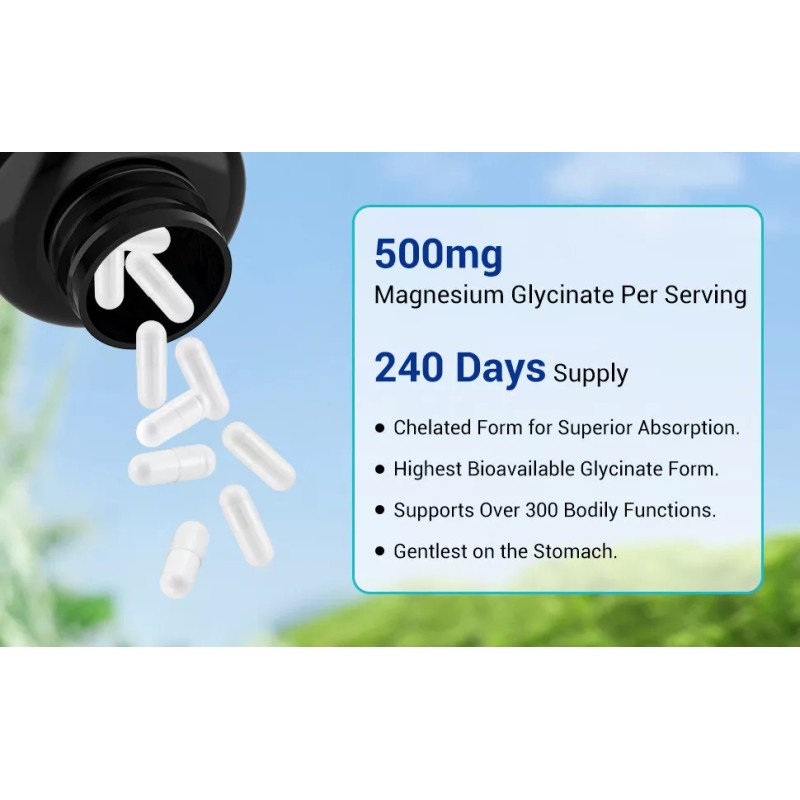 Magnesium Glycinate 500mg - 240 Capsules For Sleep, Stress Relief