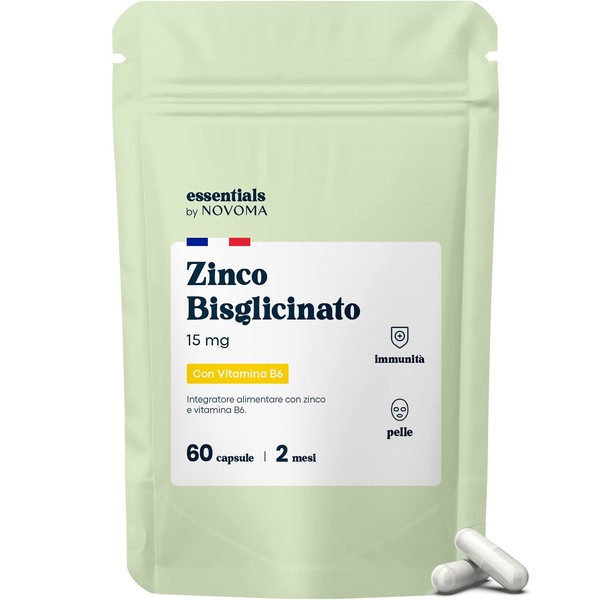 Zinc Supplement 15mg - Zinc Bisglycinate + Vitamin B6, High Absorption, 60 Vegan Capsules (2 Months), for Women and Men, Immune System & Skin, Essentials by Novoma