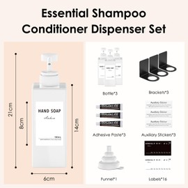 Anhow Shampoo and Conditioner Dispenser Set of 3, Shampoo Conditioner Body Wash Dispenser for Shower Wall Mount 17oz Refillable Soap Dispenser No Drill with Labels for Kitchen Bathroom, White