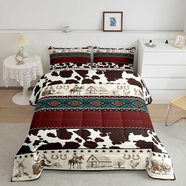 Brown Abstract Cowhide Comforter Set Rustic Farmhouse Spliced Stripes Bedding Set Queen Size West Cowboy Horse Animals Quilted Duvet for Boys Teens Kids Adults Vintage Tribal Bedspread 3pcs