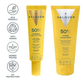 Valquer Pack Protector Solar Facial, Serum Invisible 40ml y Crema Hydra Sunscreen 75ml. SPF 50+ Protección 360, Hidratante Antiedad Sin Residuos y Res