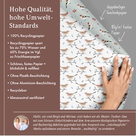 dabelino® Christmas wrapping paper "birds/berries": 4 x sheets + 4 x pendant set (environmentally friendly, sustainable, eco-friendly, modern, elegant, recycled, for adults, birthday)