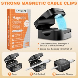 Magnetic Cable Clips, 6 Pack Magnetic Cord Organizer Cable Holder, ANIHCANO Acrylic Adhesive Wire Charger Holder for Home Office Kitchen Appliances Nightstand (Black)