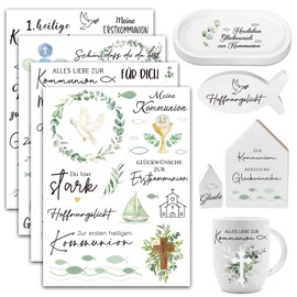 BOOMTOP 4 Sheets Rub On Sticker Communion Sticker Eucalyptus Fish Cross Rub On Foil Sayings Congratulations on Holy Communion Rub Ons Transfer Film for Glass Wood Furniture Plaster Ceramic