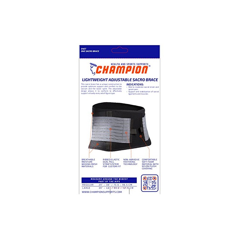 Champion Sacro Brace, Low-Back, Abdominal, Lightweight Support, Black, Regular