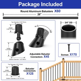 BLIKA 60 Pack 26" Aluminum Deck Balusters with Adjustable Baluster Connector, 3/4" Black Round Aluminum Balusters for Deck Railing, Black Metal Deck Balusters Staircase Spindles