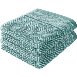 herzbach home Hand Towel Set 100% Cotton Patterned (Ocean Green / White, 2 Hand Towels 50 x 100 cm)