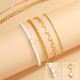 Elegant Gold Layered Anklet for Women, 4-Layer Heart Charm & White Beaded Ankle Bracelet, Dainty Summer Beach Foot Jewellery, Adjustable Boho Chain Anklet for Holiday & Everyday Wear
