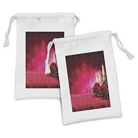 Ambesonne Romantic Fabric Pouch Set of 2, Valentine's Day Themed Champagne Glasses and Roses with Hearts Warm Colors, Small Drawstring Bag for Toiletries Masks and Favors, 9" x 6", Dark Pink Green