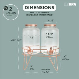 Ilyapa Rose Gold Double Glass Beverage Dispenser with Stand - 2 Gallon Large Drink Dispensers for Parties with Stainless Steel Spigot, Ice Water, Lemonade, Juice, Sangria, Punch, Tea