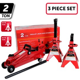 K Tool International 2 Ton Capacity Trolley Jack & Jack Stands Set; Durable Steel Construction, Trolley 19 lbs & Stands 11 lbs; KTI63097A