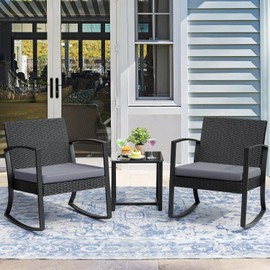 Homall Patio Furniture Set 3 Piece Resin Outdoor Bistro Set Rocking Patio Chairs with Cushions and Table for Porch, Poolside, Balcony and Yard (Grey)