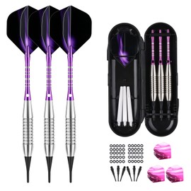 Darts with Plastic Tip for Electronic Dartboard 18 g, E Darts Soft Darts Dart with Purple Aluminium Shaft 6 Flights 50 Tips 50 Anti-Loose Rubber Rings