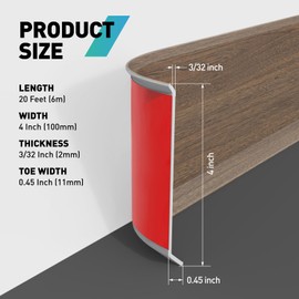 FCSOTSPS 20 Feet Flexible Baseboard Molding Trim, 4 Inch Peel and Stick Baseboard Trim, Self-Adhesive Vinyl Baseboard Cove Base, Base Boards for Walls with 1 PCS Utility Knife (Brown Wood Grain)